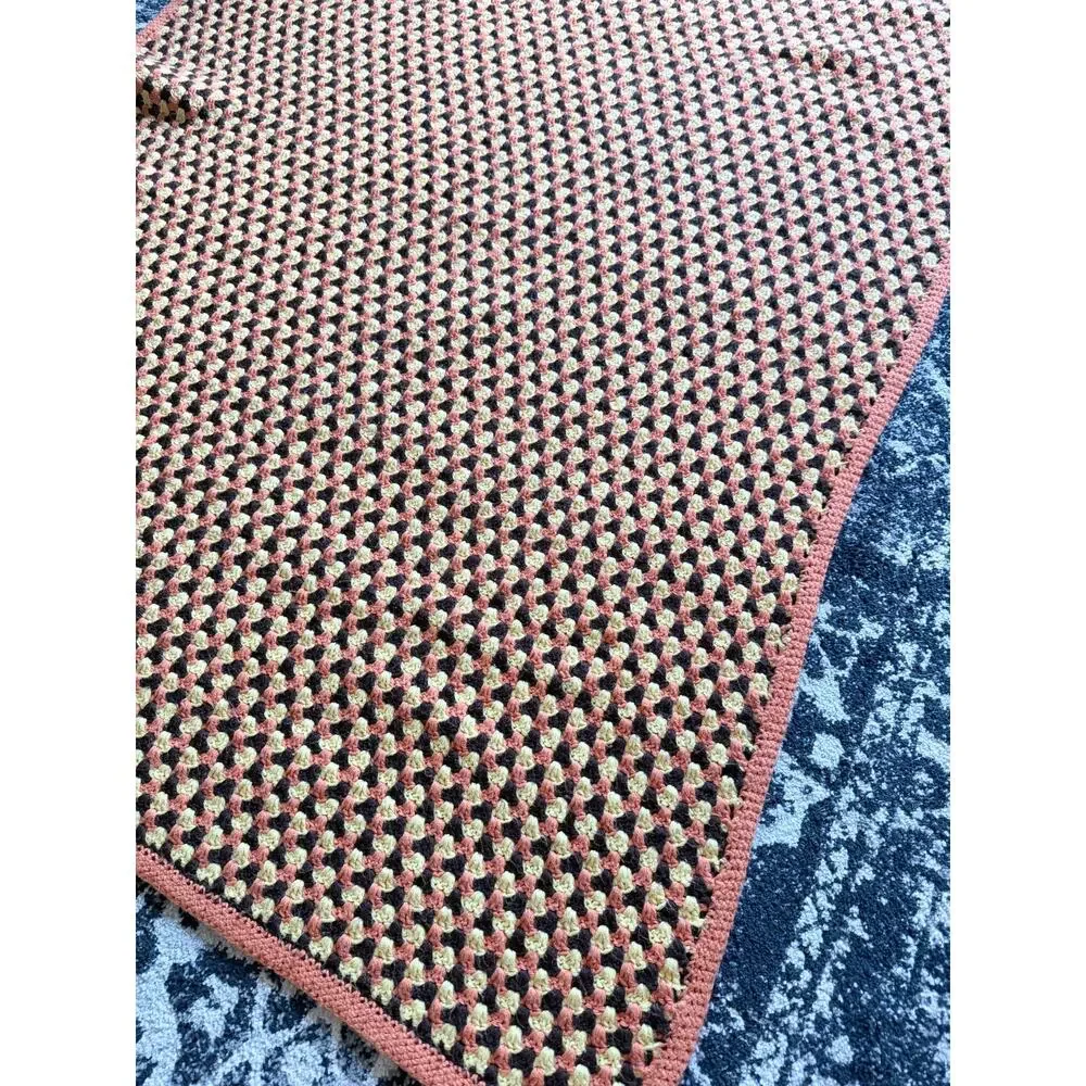 Vintage Handmade Granny Stitch Brown Orange Yellow Crochet Blanket 62x45